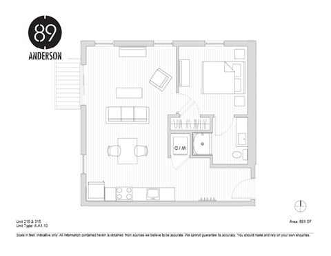 Floor plan for 1 bed, 1 bath, 681 sqft